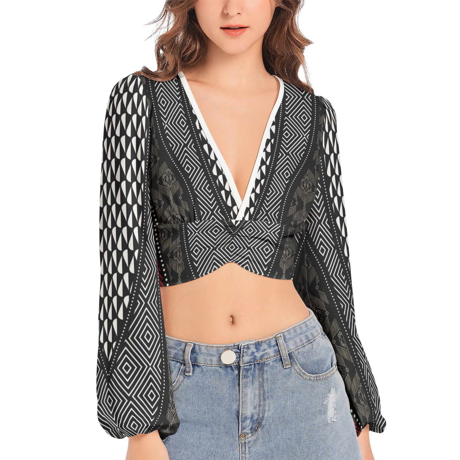 Lantern Sleeve Crop Top-Power Print-Pat Sutton Designs