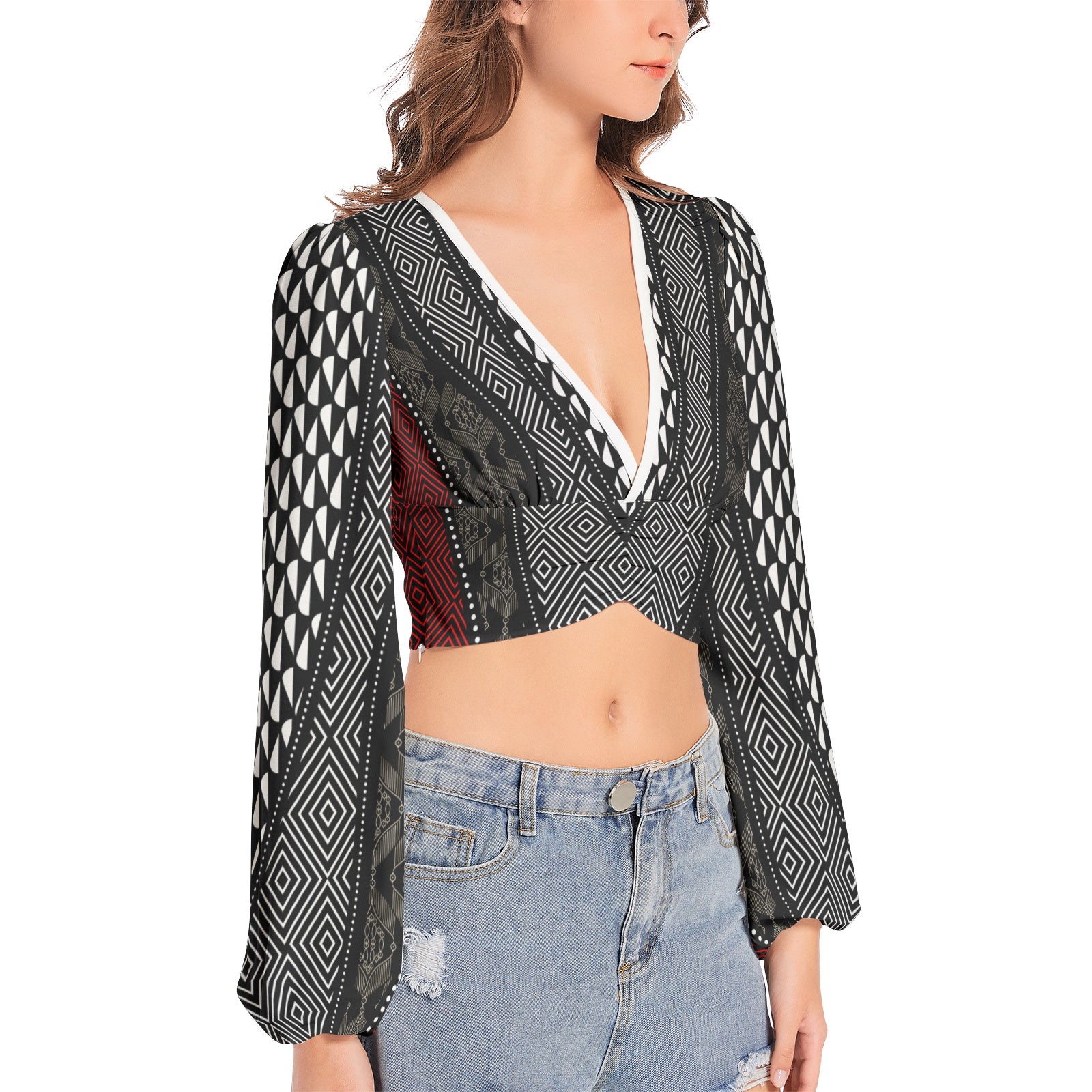 Lantern Sleeve Crop Top-Power Print-Pat Sutton Designs