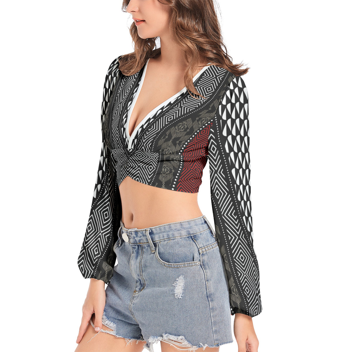 Lantern Sleeve Crop Top-Power Print-Pat Sutton Designs