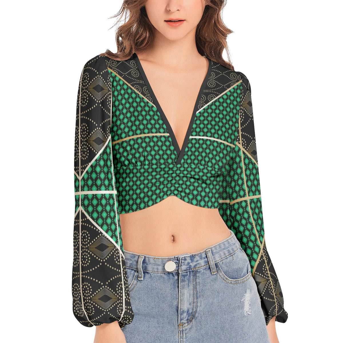 Lantern Sleeve Crop Top- Contrast-Pat Sutton Designs