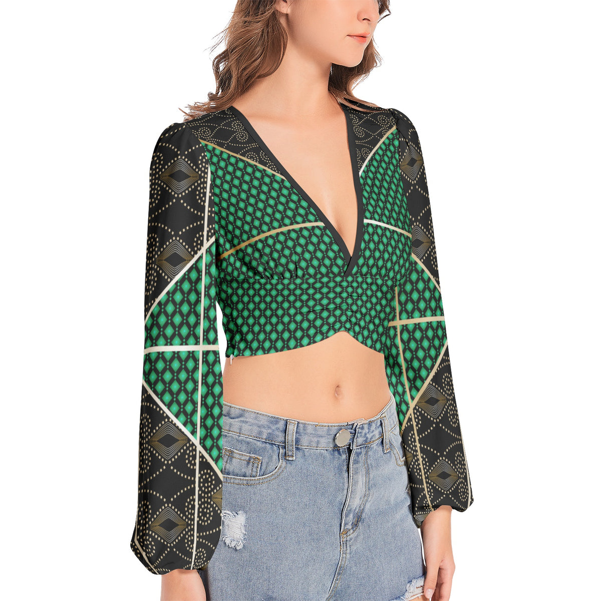 Lantern Sleeve Crop Top- Contrast-Pat Sutton Designs