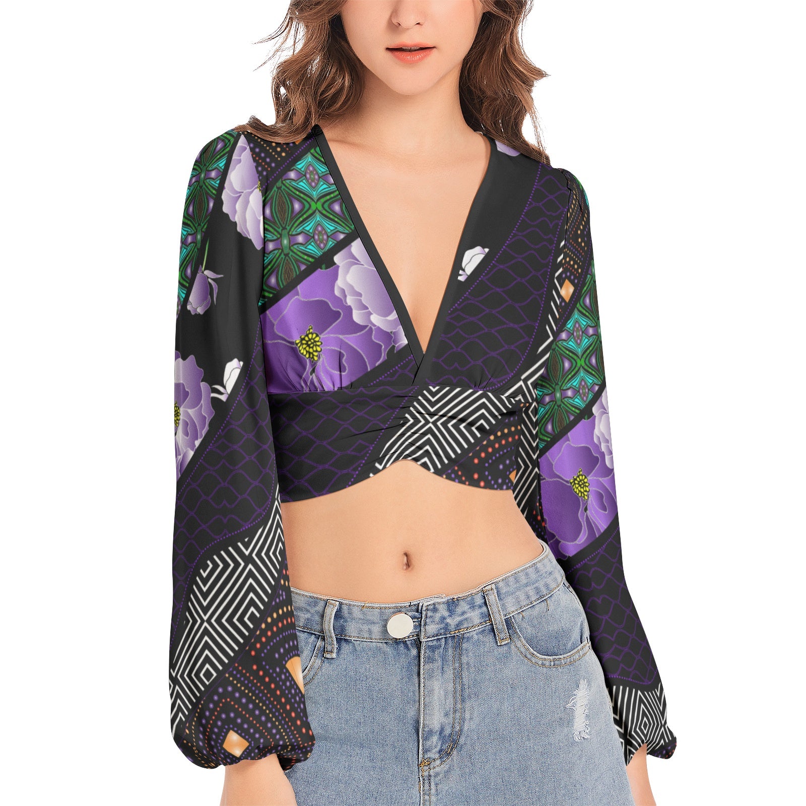 Lantern Sleeve Crop Top- Adorned-Pat Sutton Designs