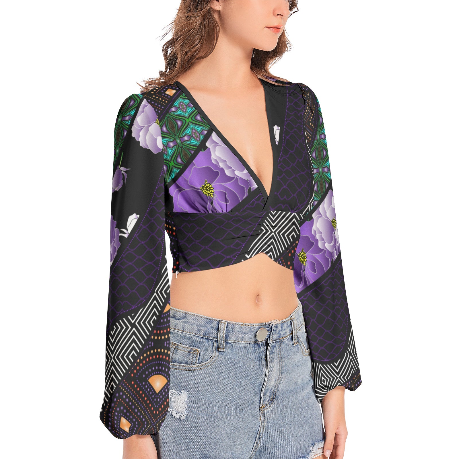Lantern Sleeve Crop Top- Adorned-Pat Sutton Designs