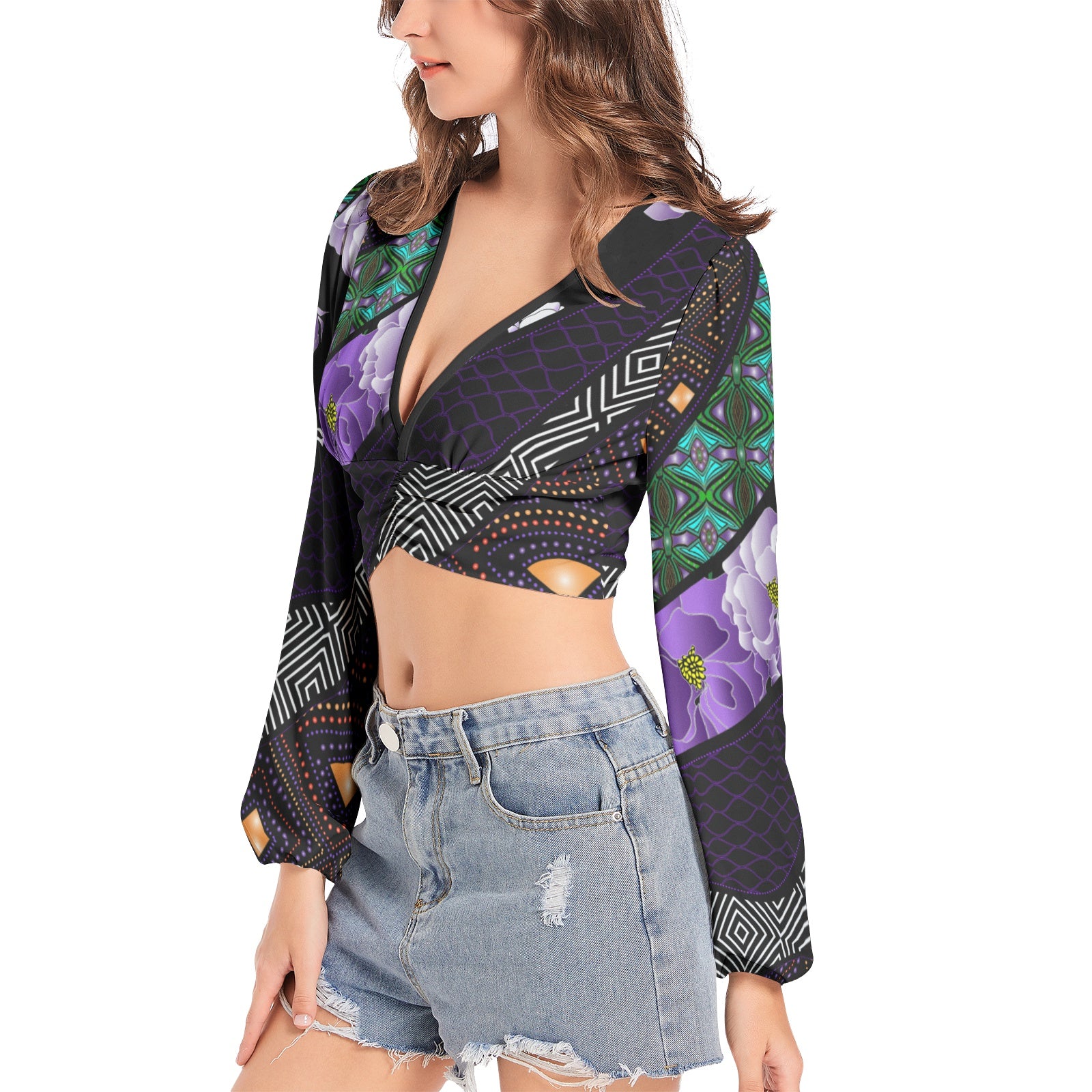 Lantern Sleeve Crop Top- Adorned-Pat Sutton Designs