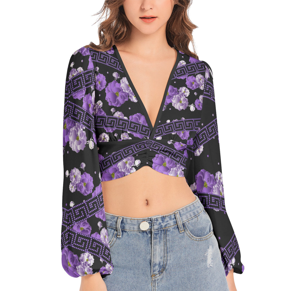 Lantern Sleeve Crop Top- Purple Peonie-Pat Sutton Designs