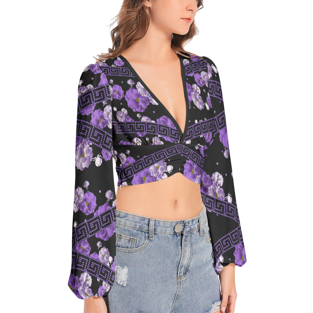 Lantern Sleeve Crop Top- Purple Peonie-Pat Sutton Designs