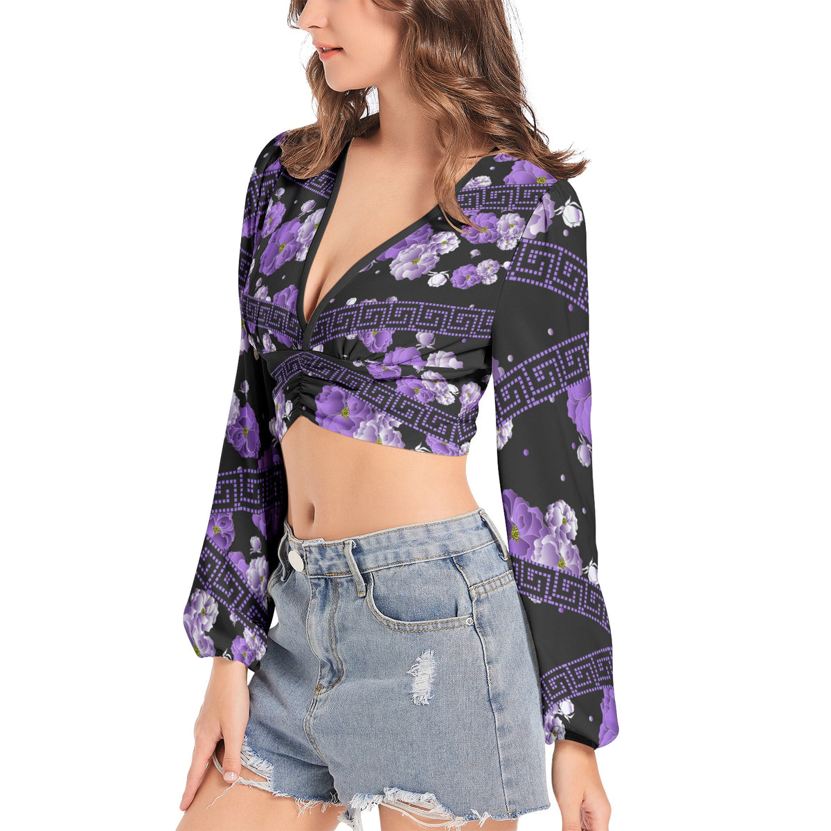 Lantern Sleeve Crop Top- Purple Peonie-Pat Sutton Designs